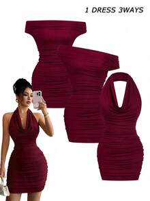 SHEIN Elenzya Wine Red Women's Fitted Textured Pleated Versatile Elegant Design Dress - Burgundy - View 2