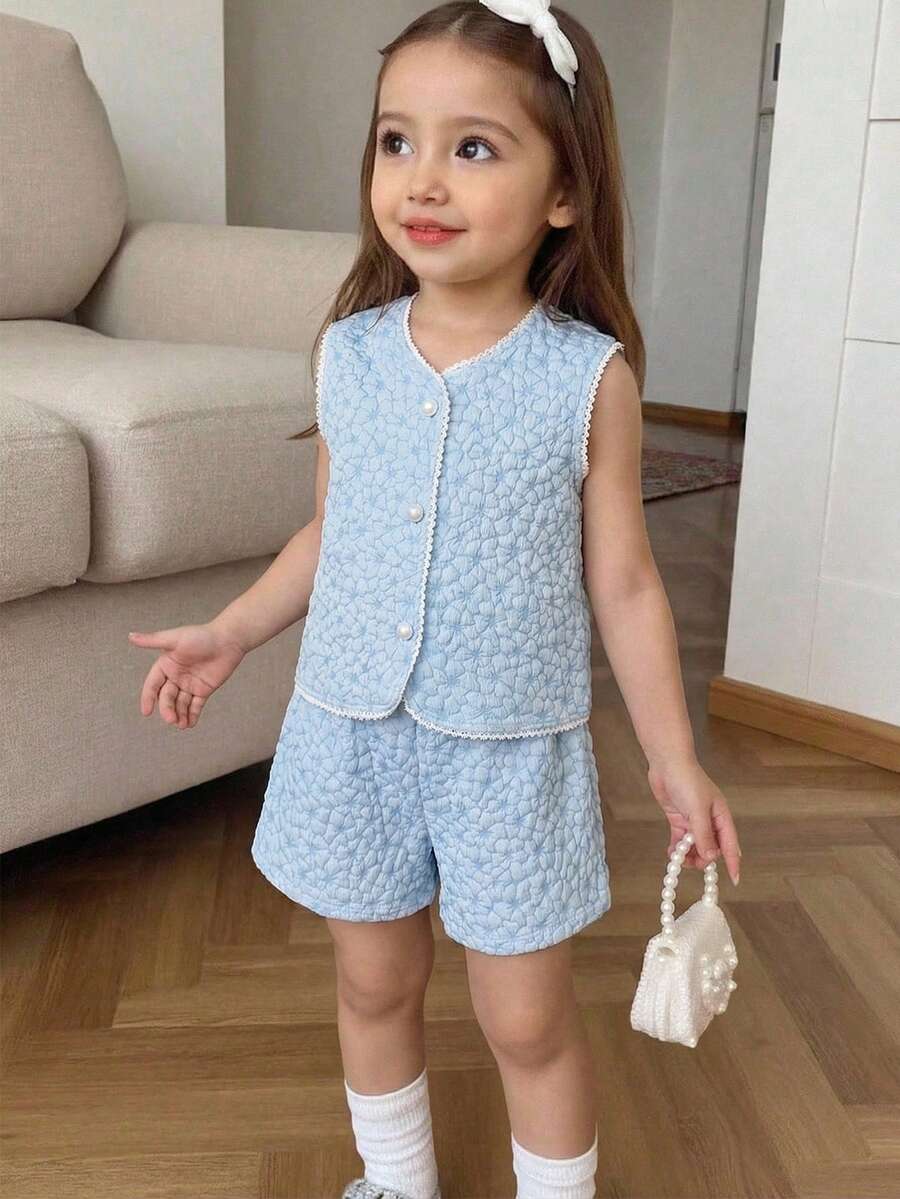 女童提花背心和短裤套装 - 藍色 - 查看 1