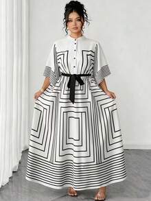 Elenzga 大码春夏立领开襟中袖几何黑白条纹印花A字收腰显瘦长袖优雅OL新款黑色连衣裙 - 白色 - 查看 3