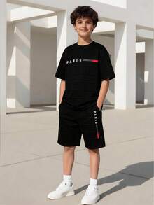 2pcs Vacaura Boy Outfit, Teens (Male) Spring/Summer New Casual Fashion Minimalist White Textured Plaid Paris Print Short Sleeve T-Shirt And Shorts Set - Black - View 4