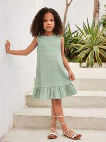Young Girl Vacation Casual Fashionable Woven Solid Color Sleeveless Dress,Kids - Mint Green - View 5