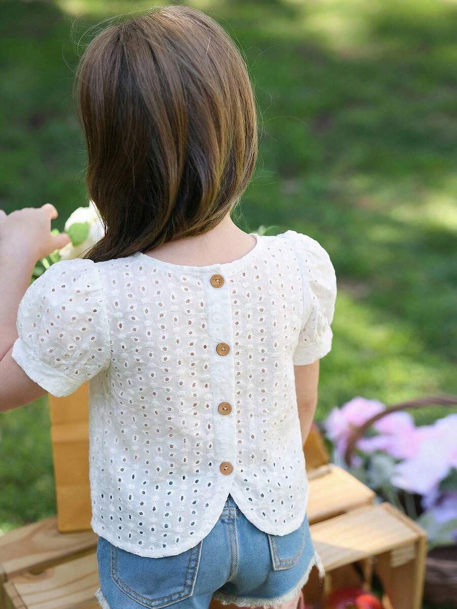 Emery Rose Kids Emery Rose Kids 女童纯色梭织泡泡袖镂空休闲衬衫 - 白色 - 查看 1