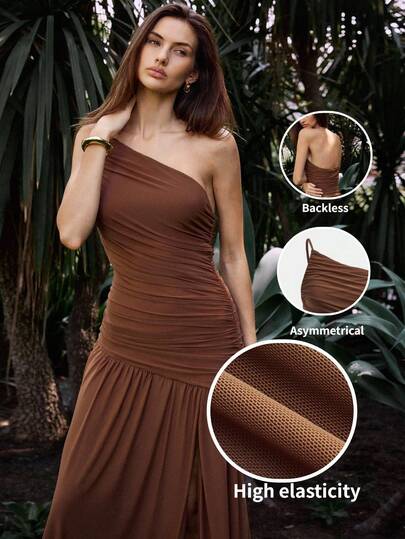 Maija Vestido elegante de unicolor con abertura alta y espalda descubierta, para verano