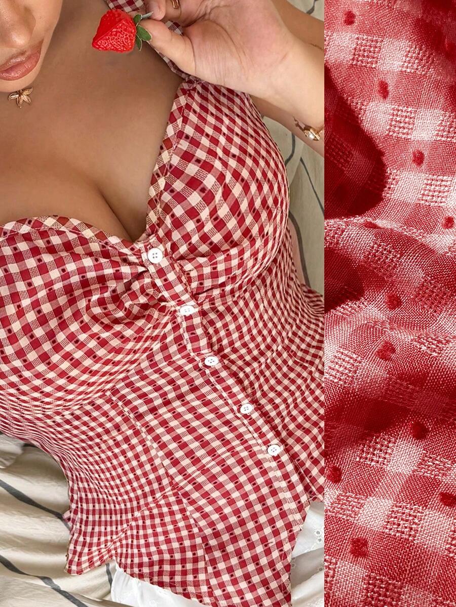 Sunnyshic Nuevo top de verano de moda para mujer, versátil, de cuello en V de un solo pecho con estampado de cuadros tejido - Rojo - Ver 1
