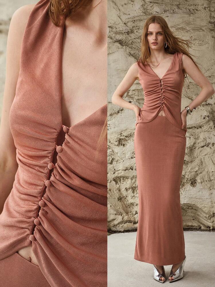 WOMEN'S V-NECK RUCHED TANK TOP & SKIRT 2 PIECES SET