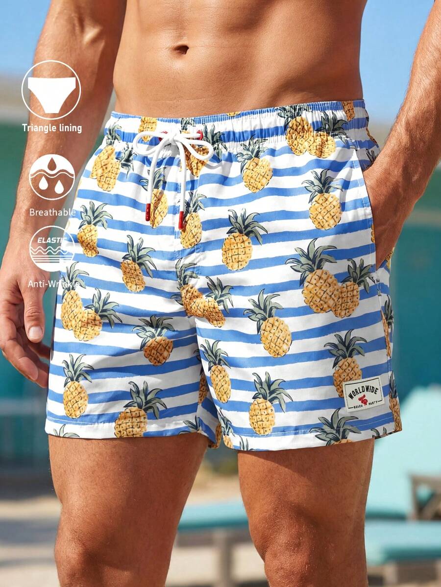 Horizaway Quần short đi biển nam in hình dứa, quần bơi nam in hình dứa, quần bơi nam có dây rút. - Màu xanh lam - Xem 1