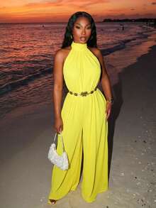 SHEIN SXY Bộ jumpsuit nữ cỡ lớn màu trơn, cổ yếm, dáng rộng, hở lưng, xếp ly, kiểu dáng thường ngày. - Màu vàng ngỗng - Xem 3