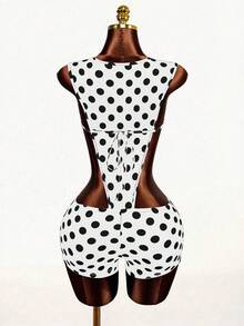 Mistrie Bộ jumpsuit chấm bi gợi cảm khoét eo dành cho nữ, jumpsuit chấm bi, đồ bơi chấm bi, jumpsuit nữ, bộ đồ liền thân nữ. - trắng - Xem 6