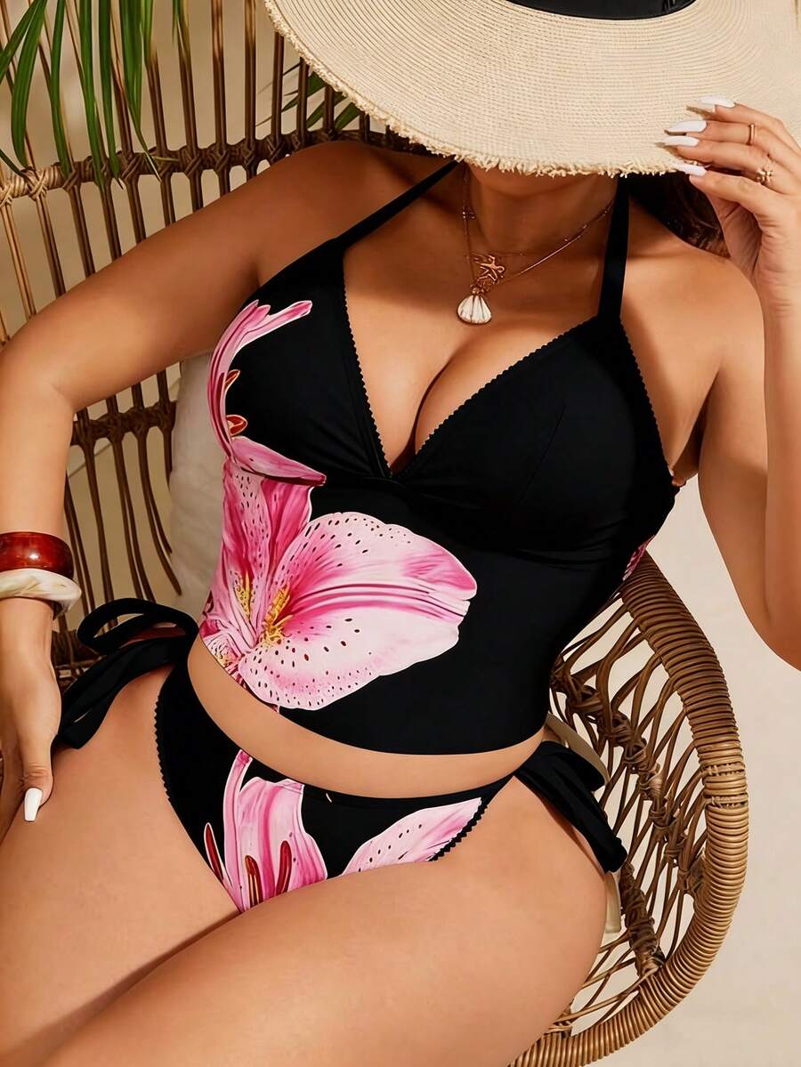 Slaydiva 大码女式两件套印花时尚度假休闲简约隐形收腹高腰三角比基尼泳衣 - 黑色 - 查看 1