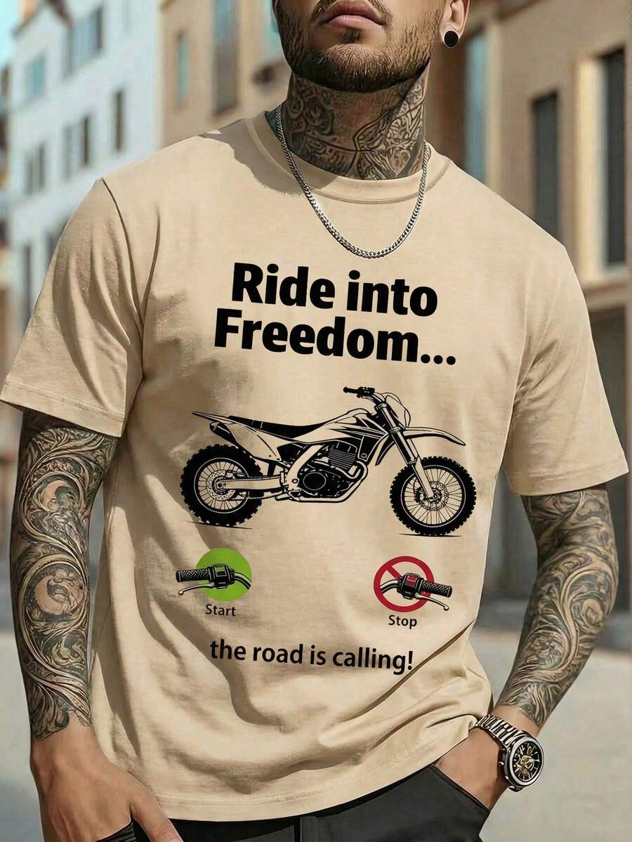 Manfinity Homme Men's Letter Print Round Neck Casual Short Sleeve Loungewear Top Men Graphic Tees Dirt Bike Shirt Ride Into Freedom Tee - Khaki - View 1