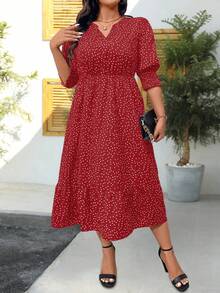 EMERY ROSE 大码女式波点印花短袖连衣裙长款套装 - 紅色 - 查看 6