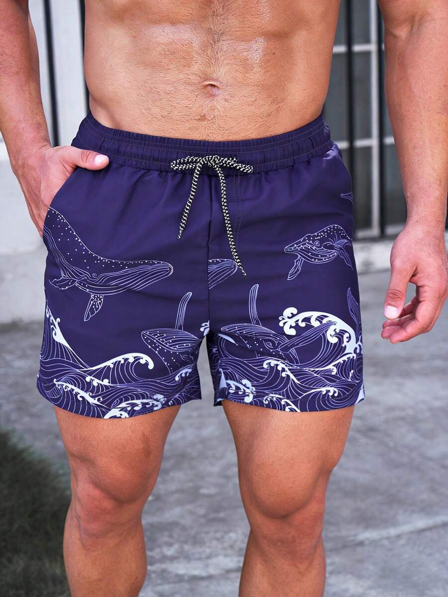 CoralVoy Shorts de playa con estampado de olas y cordón ajustable para hombres - Morado - Ver 1