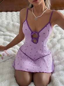 CottageSlumber Áo ngủ hai dây gợi cảm, chất liệu dệt kim gân, họa tiết trái tim và nơ đỏ, viền ren dành cho nữ. - Màu tím - Xem 8