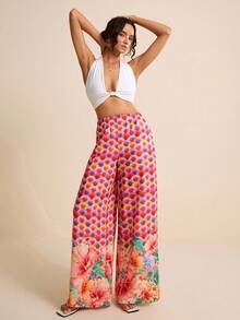 LOTSLUV Women's Fuchsia Ombre Tropical Floral Print Pants, Vacation Style, Spring/Summer - Hot Pink - View 1