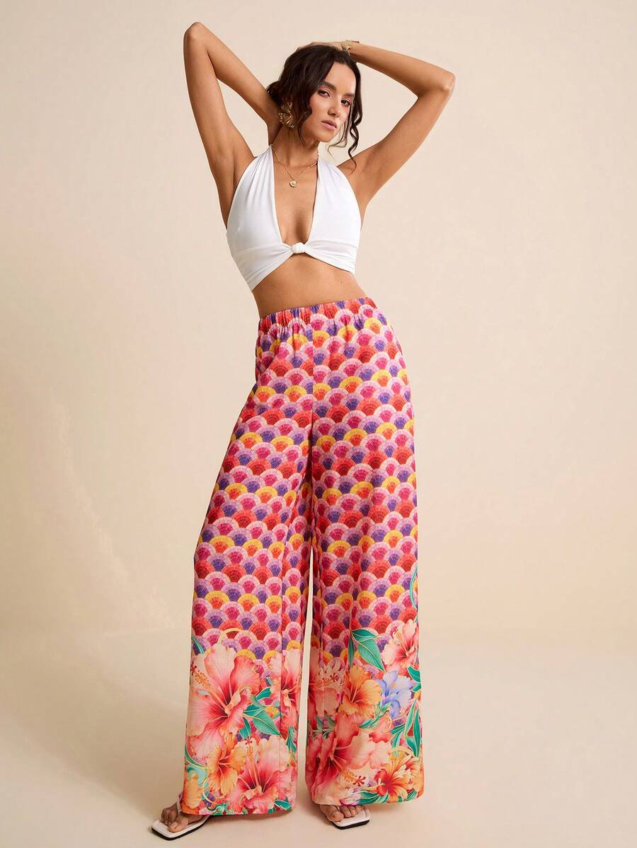 LOTSLUV Women's Fuchsia Ombre Tropical Floral Print Pants, Vacation Style, Spring/Summer - Hot Pink - View 1