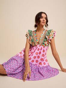 LOTSLUV Gaun Pendek Wanita Model A-Line Leher V dengan Motif Patchwork Bunga Merah Muda dan Kontras, Cocok untuk Musim Panas, Gaya Boho, Pesta Taman, Liburan, dan Liburan Elegan. - MultiWarna - View 7