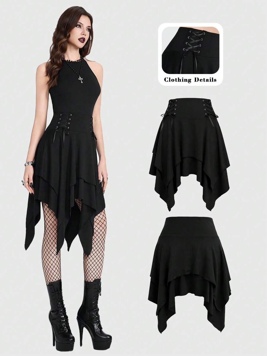 Breakform Chân váy ngắn nữ phong cách Gothic Retro cạp cao màu trơn, chất liệu vải dệt kim, vạt bất đối xứng, eo chun co giãn, có dây rút trang trí, thích hợp cho tiệc tùng, dạo phố, lễ hội, câu lạc bộ. - màu đen - Xem 1