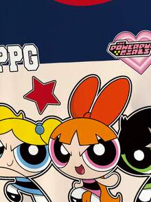 THE POWERPUFF GIRLS X SHEIN 大码女式条纹圆领短袖休闲T恤， - 白色 - 查看 4