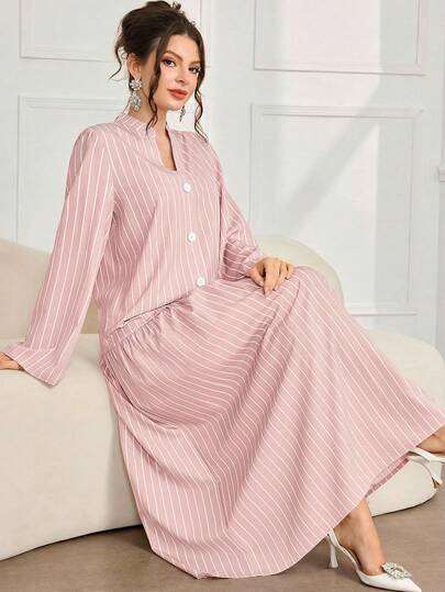 Al Najma Đầm dài tay dáng rộng kẻ sọc màu nâu, phong cách Ả Rập, thanh lịch, tối giản, thường ngày dành cho nữ.