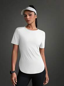 Powerista Camiseta deportiva casual de unicolor con abertura lateral y manga corta para mujer - Blanco - Ver 7