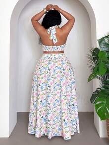 Slaydiva Conjunto Elegante de Duas Peças com Floral para Mulheres com Top Cropped e Saia de Cintura Alta, Confortável e Estiloso para Clima Quente - Multicolorido - Visão 4
