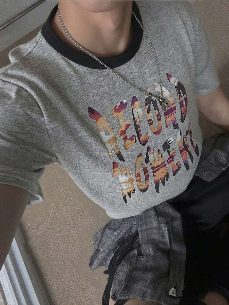 Men's Short Sleeve Graphic Print T-Shirt, Grey, Summer