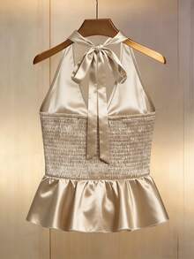 Rafferiza 女士V领露背荷叶边短款背心，适合春季音乐节穿着 - 香檳色 - 查看 2