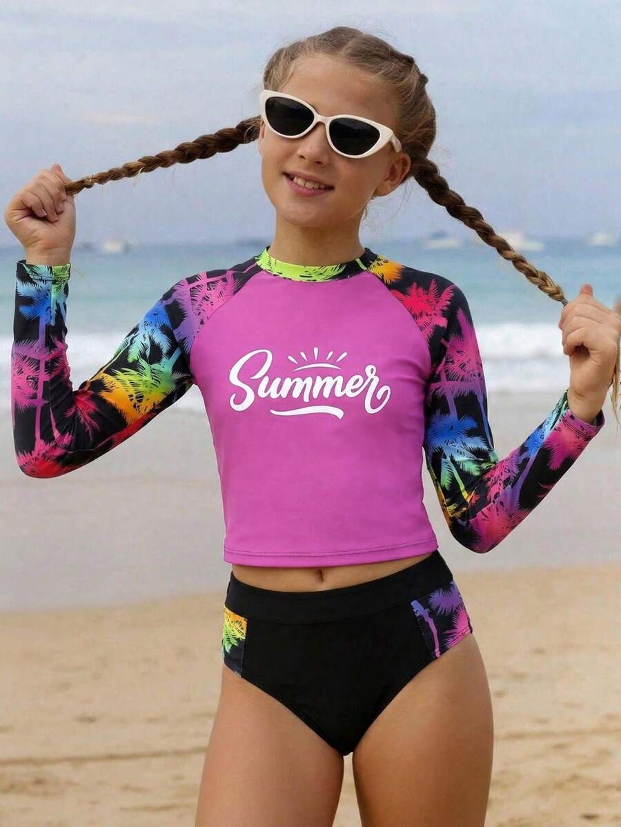 New Fashion Tween Girl Long Sleeve Floral Print Bikini Set - Multicolor - View 1