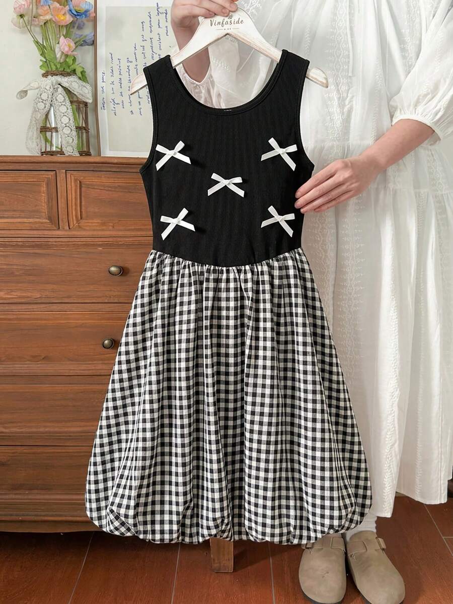 SHEIN 少女休闲格子吊带连衣裙,夏季穿搭,柔软时尚的设计,适合度假、旅行、校园和日常穿着。 - 黑色 - 查看 1