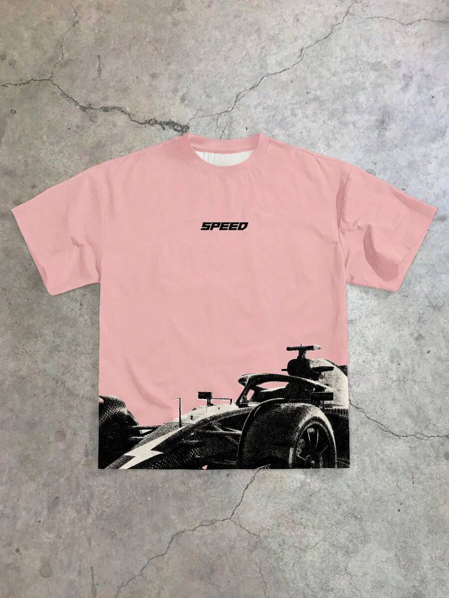 Manfinity Roghcode Men's Letter Print Round Neck Casual Loose T-Shirt - Pink - View 1