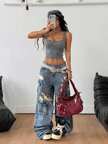 Coolane 女士夏季音乐会服装 锐舞派对服装 音乐节外出 文艺复兴集市 夜店服装 性感Y2K罗纹针织白色缺角领短款T恤 - 深灰色 - 查看 5