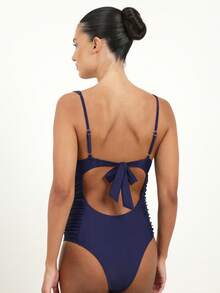 KSTM Traje de baño de una pieza con aros para mujer, con paneles laterales fruncidos y escote en forma de corazón para la playa y vacaciones de verano - azul real - Ver 2