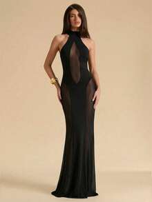 SHEIN BAE Black Halter Neck Sexy Sheer Mesh Patchwork Asymmetric Dress, Summer - Black - View 4