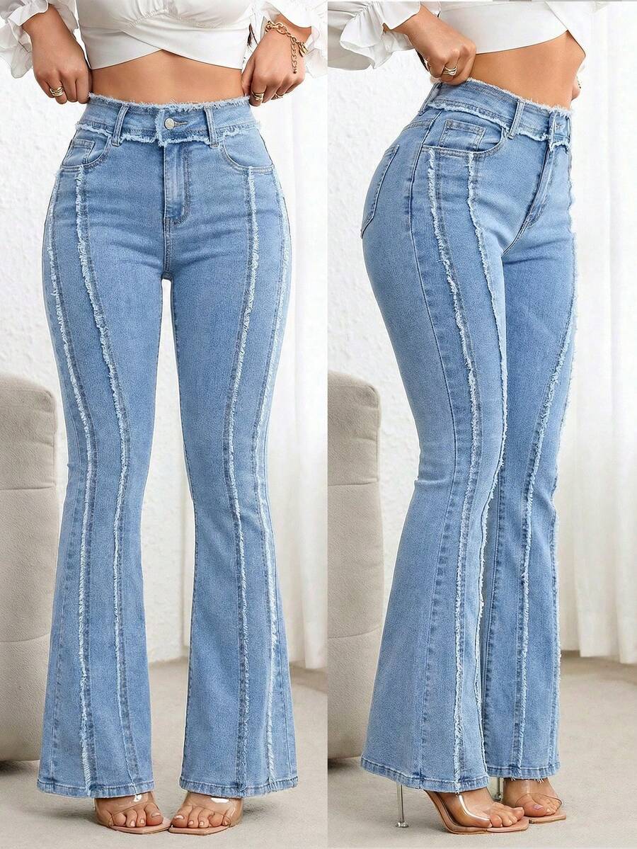 EMERY ROSE Quần jeans ống loe nữ, có túi, cài nút, gấu quần rách, kiểu dáng thường ngày, đa năng, phù hợp đi làm. - Màu xanh lam - Xem 1