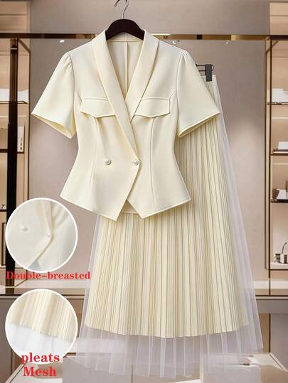 GlowEve CURVE Plus Size Solid Color Decorative Placket Casual Elegant Shirt, Solid Color Mesh Pleated Waist Casual Elegant A-Line Skirt, Regular Women 2-Piece Set