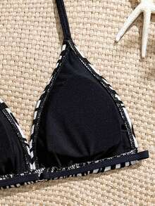 SHEIN 少女新款纯色米色比基尼套装，简约泳装沙滩度假装 - 黑與白 - 查看 6