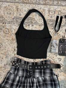 Camiseta de tirantes ajustada y casual con cuello halter, adecuada para el verano - Negro - Ver 2