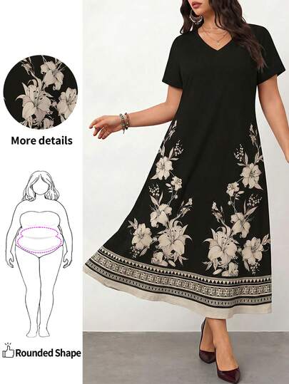 Enliva 大码女式部分印花休闲简约 V 领短袖长裙，夏季