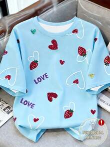 Resyla 女士休闲草莓爱心字母印花宽松落肩T恤，适合夏季度假和日常通勤 - 彩色 - 查看 1