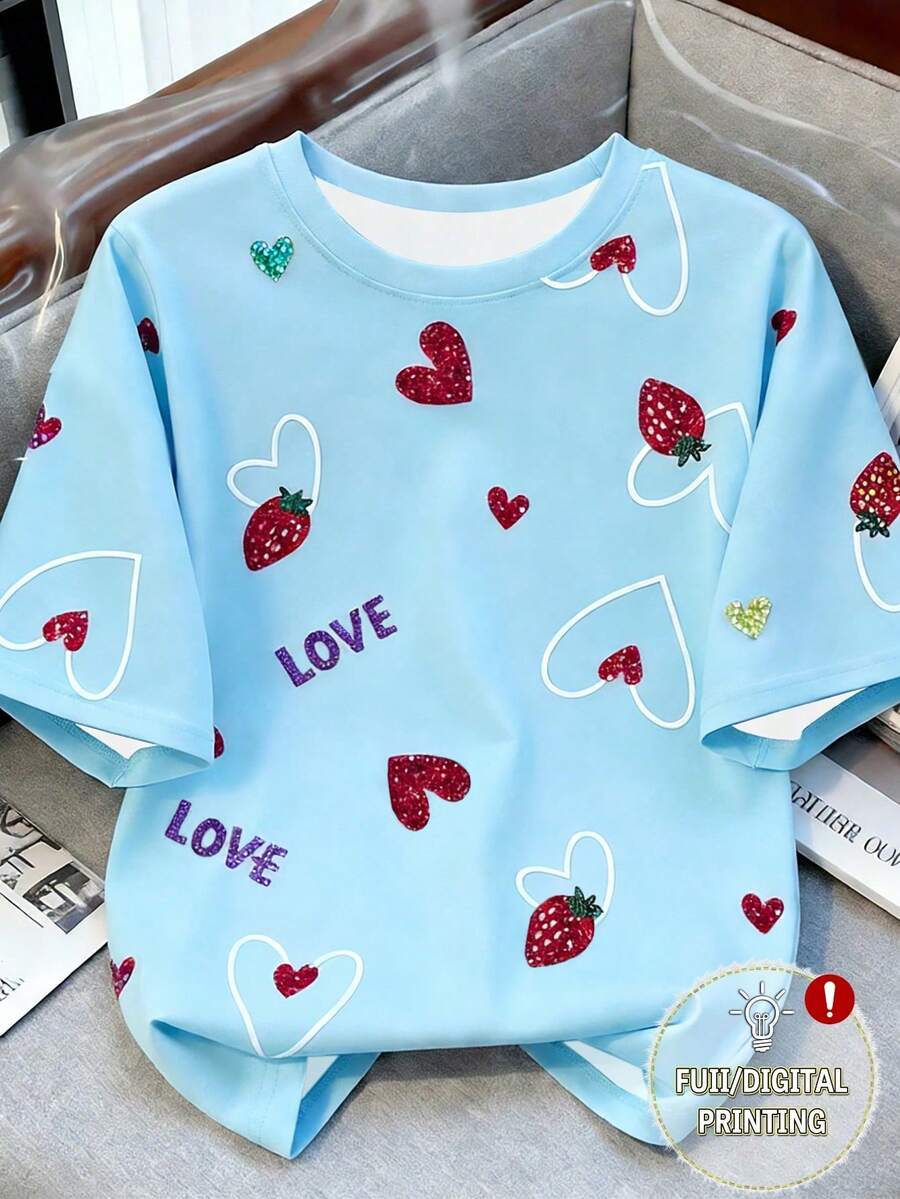 Resyla 女士休闲草莓爱心字母印花宽松落肩T恤，适合夏季度假和日常通勤 - 彩色 - 查看 1