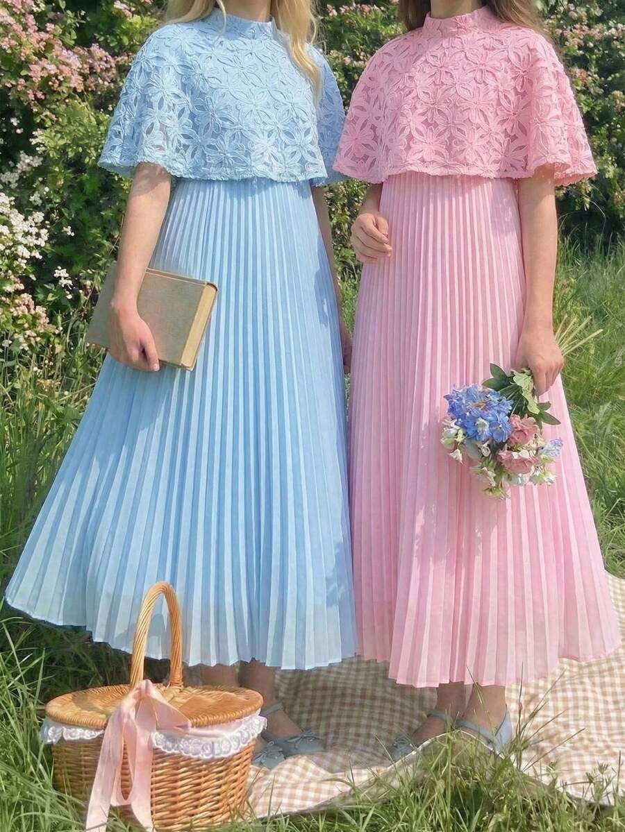 SHEIN Tween Girl Knit Contrast Mesh Overlay Dress - Pink - View 1