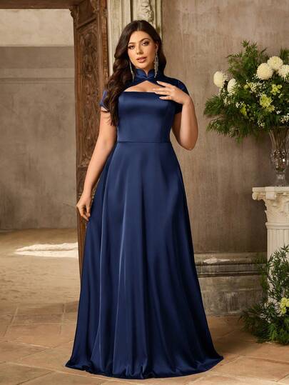 Aureia 大码优雅简约藏蓝色立领奢华缎面修身连衣裙，适合婚礼、派对、正式场合、伴娘等场合