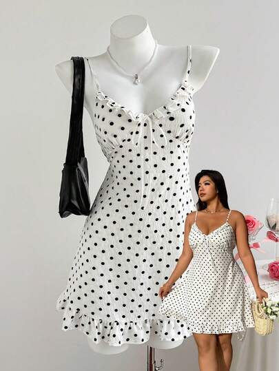 Comfortcana Plus Size Women Polka Dot Print Frill Trim Front Tie Cami Dress, Vacation Polka Dot Dress Cute Dress Summer Dress Polka Dot Dresses For Woman Polkadot Dress