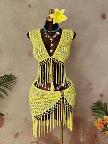 Sunspun Elegant Hollow-Out Fringed Sexy Crop Top & Skirt Set, Suitable For Beach Vacation - Yellow - View 7