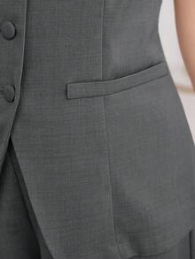SHEIN 少女通勤休闲纯色无袖背心上衣和直筒裤套装 - 淺灰色 - 查看 9