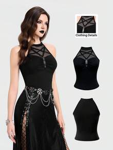Breakform Áo tank top ôm sát kiểu Gothic gợi cảm dành cho nữ, cổ tròn, khoét rỗng, họa tiết hình thoi, lưới, xếp ly, dây da giả trang trí, khóa kim loại hình chữ D. - màu đen - Xem 3