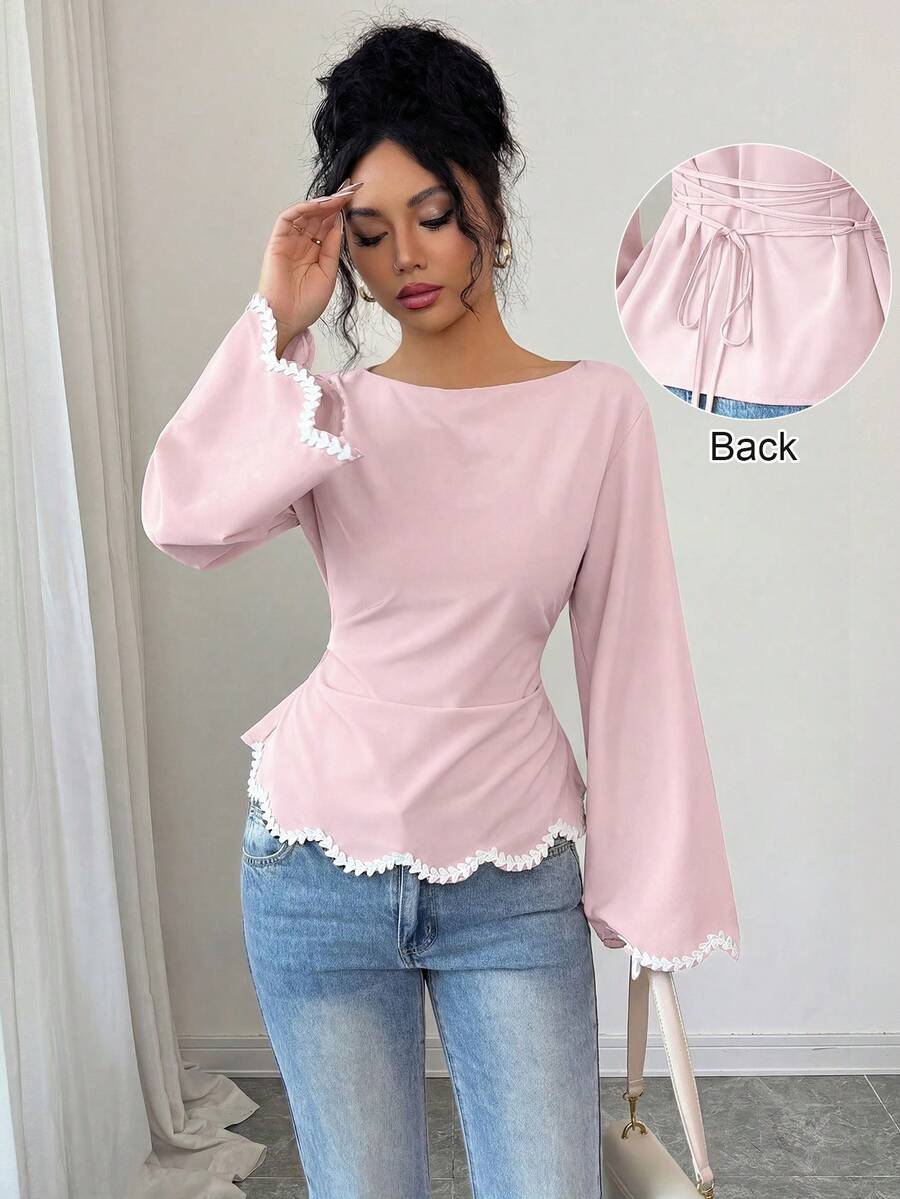 SHEIN Elenzya 1pc Women's Spring/Summer Wavy Heart Woven Trim Ruched Waist Blouse - Pink - View 1