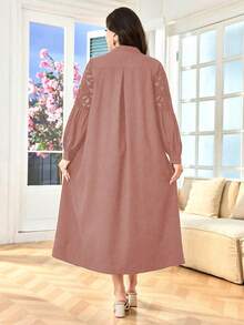 Lacomfia Women's Shirt Dress, Stand Collar Long Sleeve, Embroidery Hollow Lace Patchwork, Loose Comfortable Elegant Daily Versatile Plus Size Arabic Style - Pink - View 2