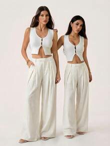 SHEIN PETITE Cream & Apricot Linen Low-Waist Pleated Wide-Leg Pants, Suitable For Italian Holiday, South France Holiday, Casual Trousers, Beach Pants, Cruise Pants, Old Money Style, Brunch Pants High Waist Pants White Wide Leg Pants Women Pants Wide Leg Pleated Pants - Apricot - View 4