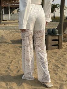 Livesso Pantalones casuales de verano con cordón y parches de encaje para mujer - Blanco - Ver 2